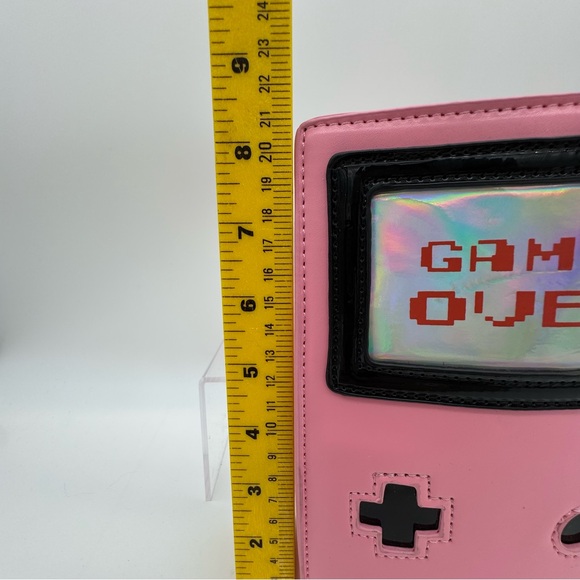 Retro 8-Bit Gamer Handbag Pink With Long Gold Color Chain Gameboy Style Purse - Picture 8 of 10